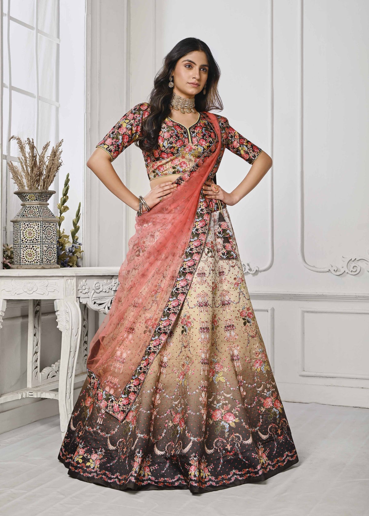 Crystal Elegance: Swarovski-Embellished Digital Print Lehenga