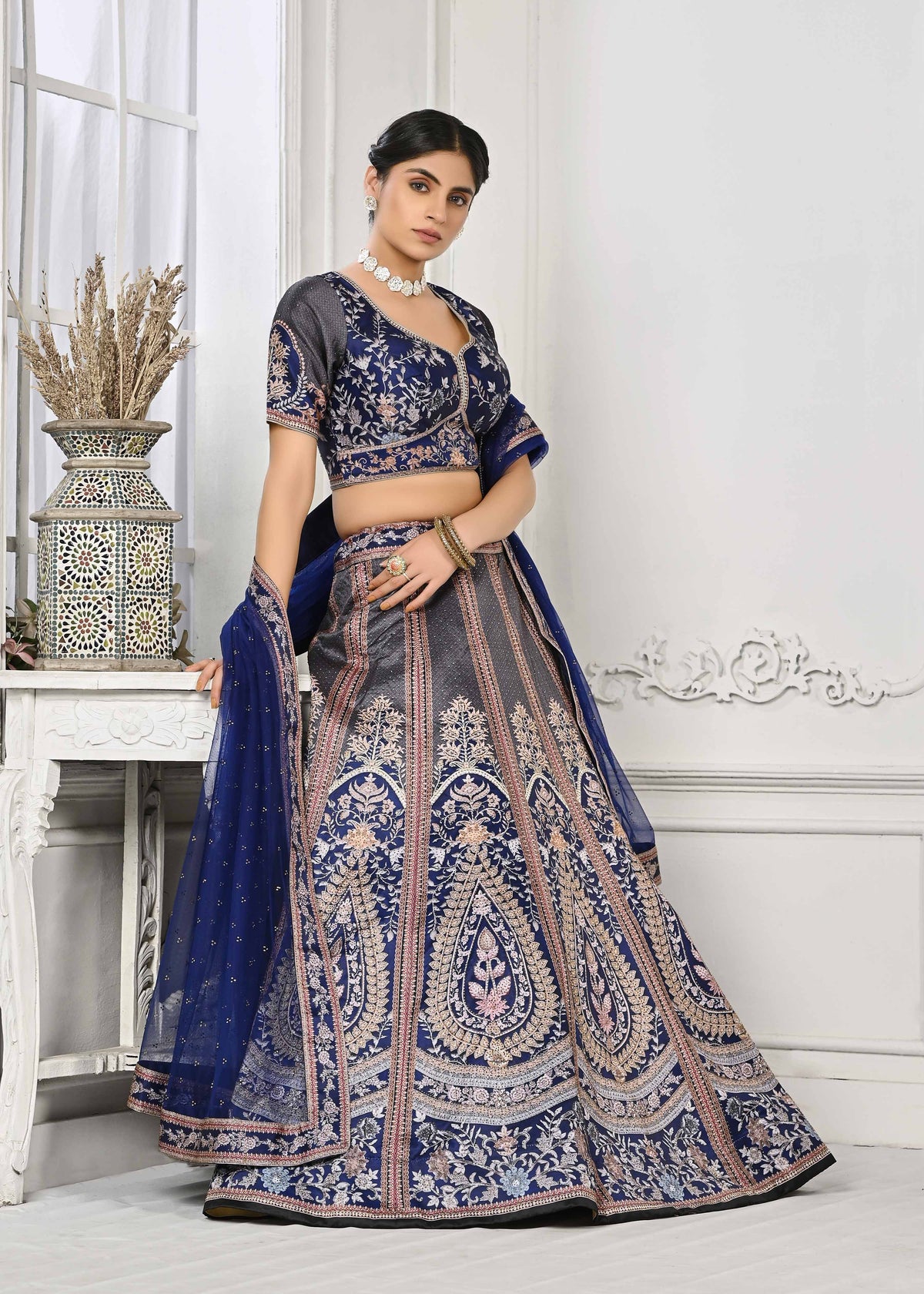 Crystal Cascade: Swarovski Embellished Digital Print Lehenga