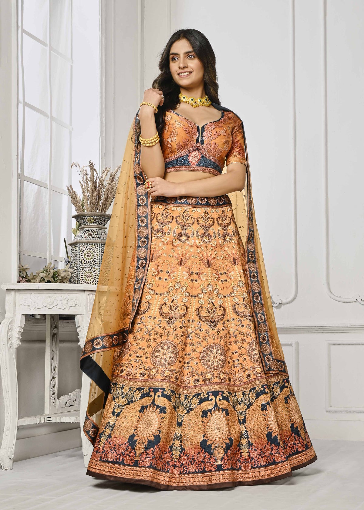 Crystal Elegance: Swarovski-Adorned Digital Print Lehenga