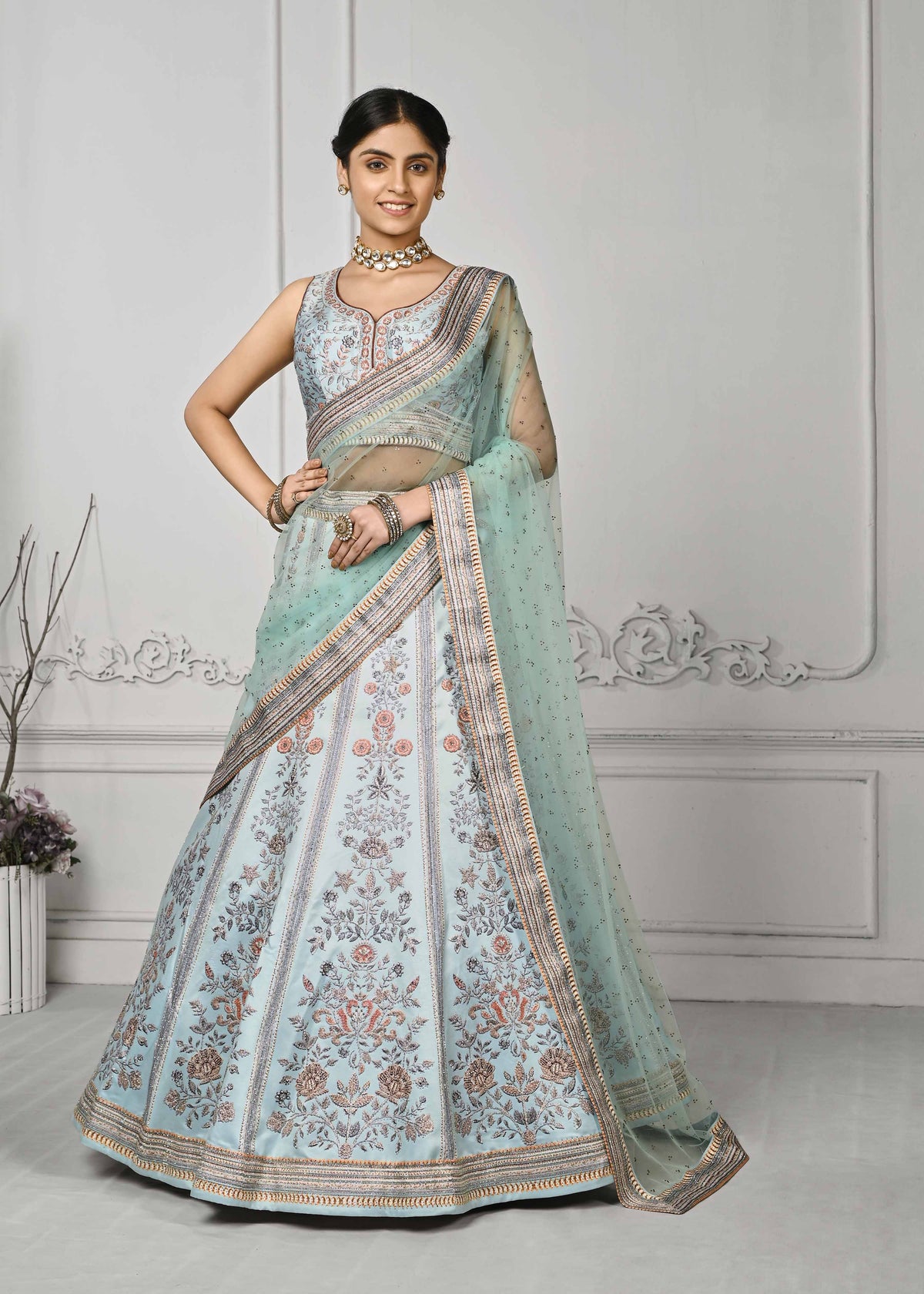 Crystal Cascade: Swarovski Embellished Digital Print Lehenga